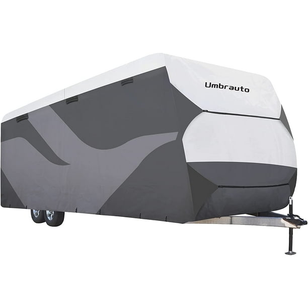 Gray/White Umbrauto Upgraded Waterproof Travel Trailer RV Cover Windproof Dupont Tyvek Anti-UV Top with 4 Layers Non-Woven Sides Durable Breathable Deluxe Camper Covers Ripstop 